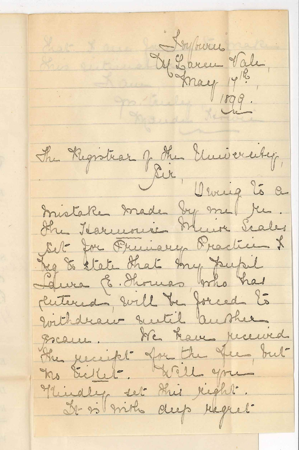 Miss Maude Howie - McLaren Vale - Withdrawing candidate Laura E Thomas from Primary Examinations - Practice of Music