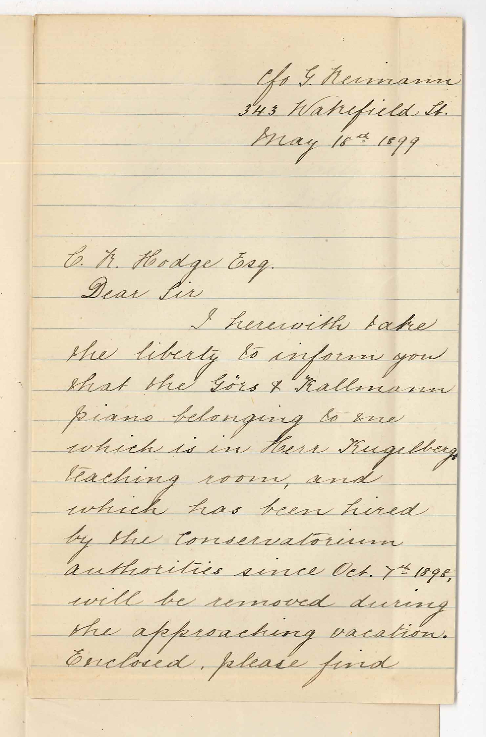 Mrs Sophie Iverson - Adelaide - Gors and Kallmann piano hired by the Conservatorium