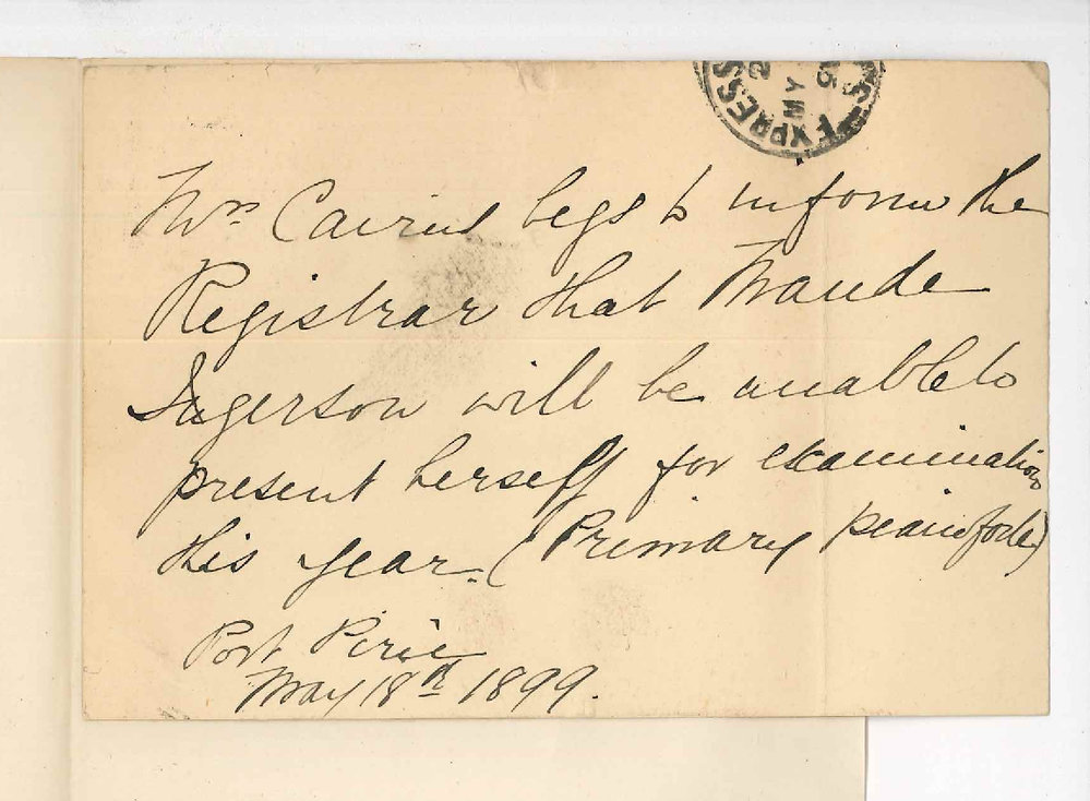 Mrs Cairus - Port Pirie - Withdrawing candidate Maud Ingerson from Primary practice Examination