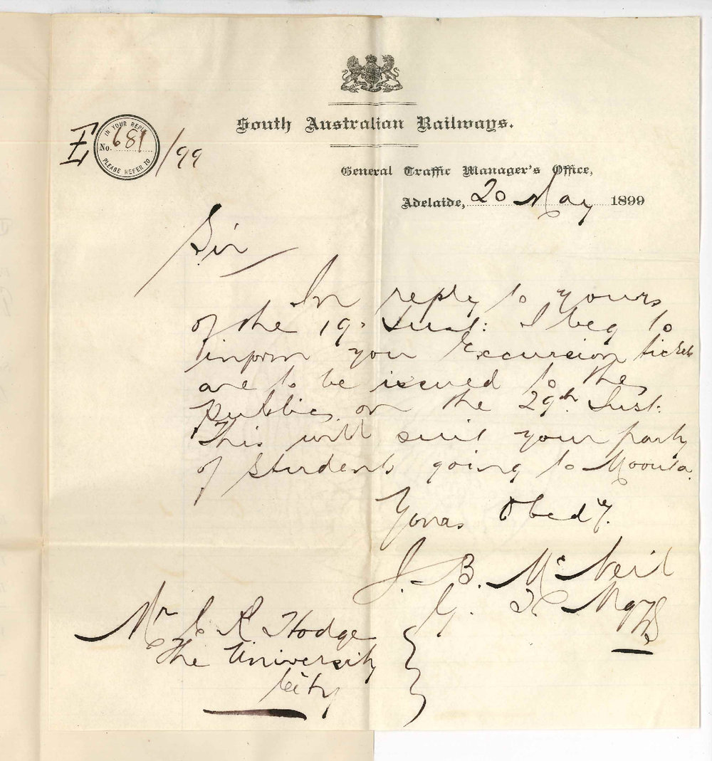 J B McNeil - General Traffic Manager - SA Railways - Adelaide - Excursion fees to University students