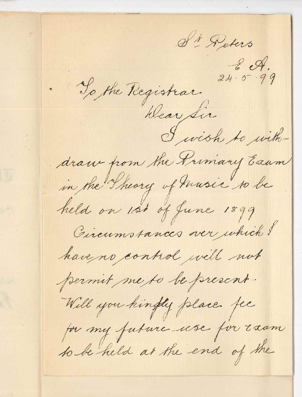 Miss Evelyn Devonshire - St Peters - Withdrawing from Primary Theory Exam - Requesting to place the fee for future exam