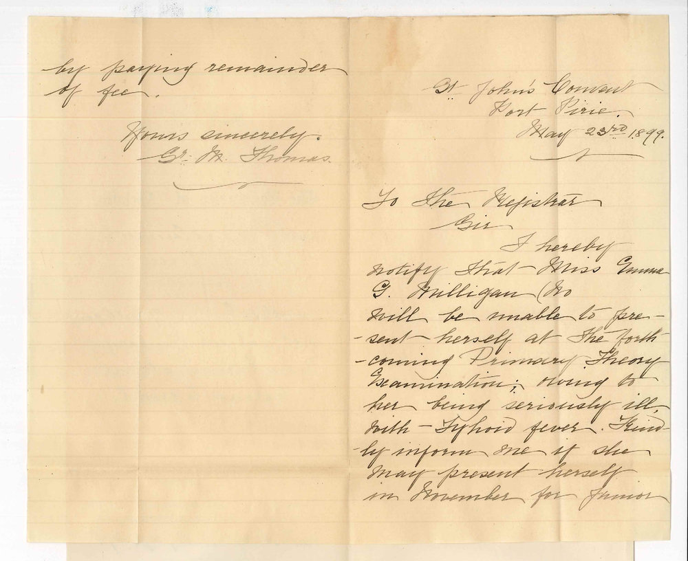 St John's Convent - Port Pirie - Miss Emma Mulligan will not sit the Primary Theory Examination - Fee to stand in credit