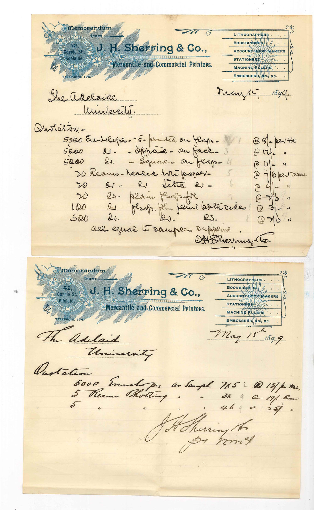 J H Sherring and Co - E S Wigg and Son - Sands and McDougall - Adelaide - Tenders for Stationery