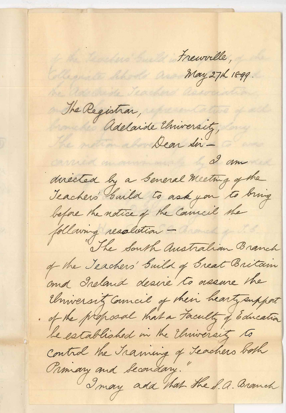 David Henry Hollidge - Frewville - Support of the Guild for the proposal that a Faculty of Education be established in the Adelaide University