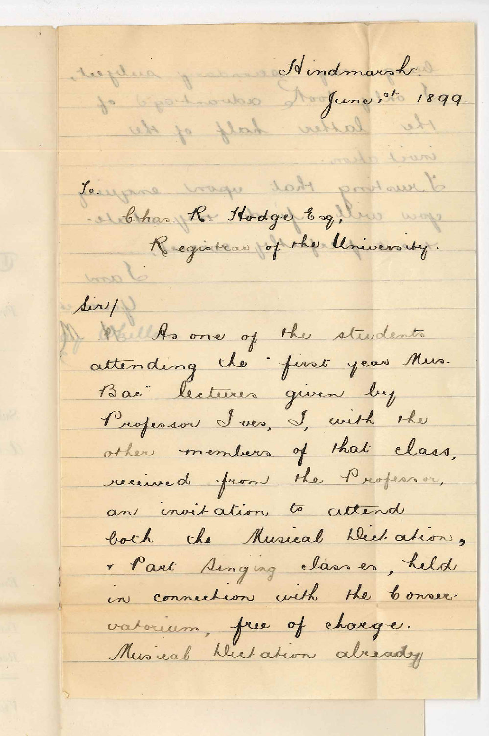 Miss H May Whillas - Hindmarsh - Invitation from Professor Ives to attend part singing class at Conservatorium