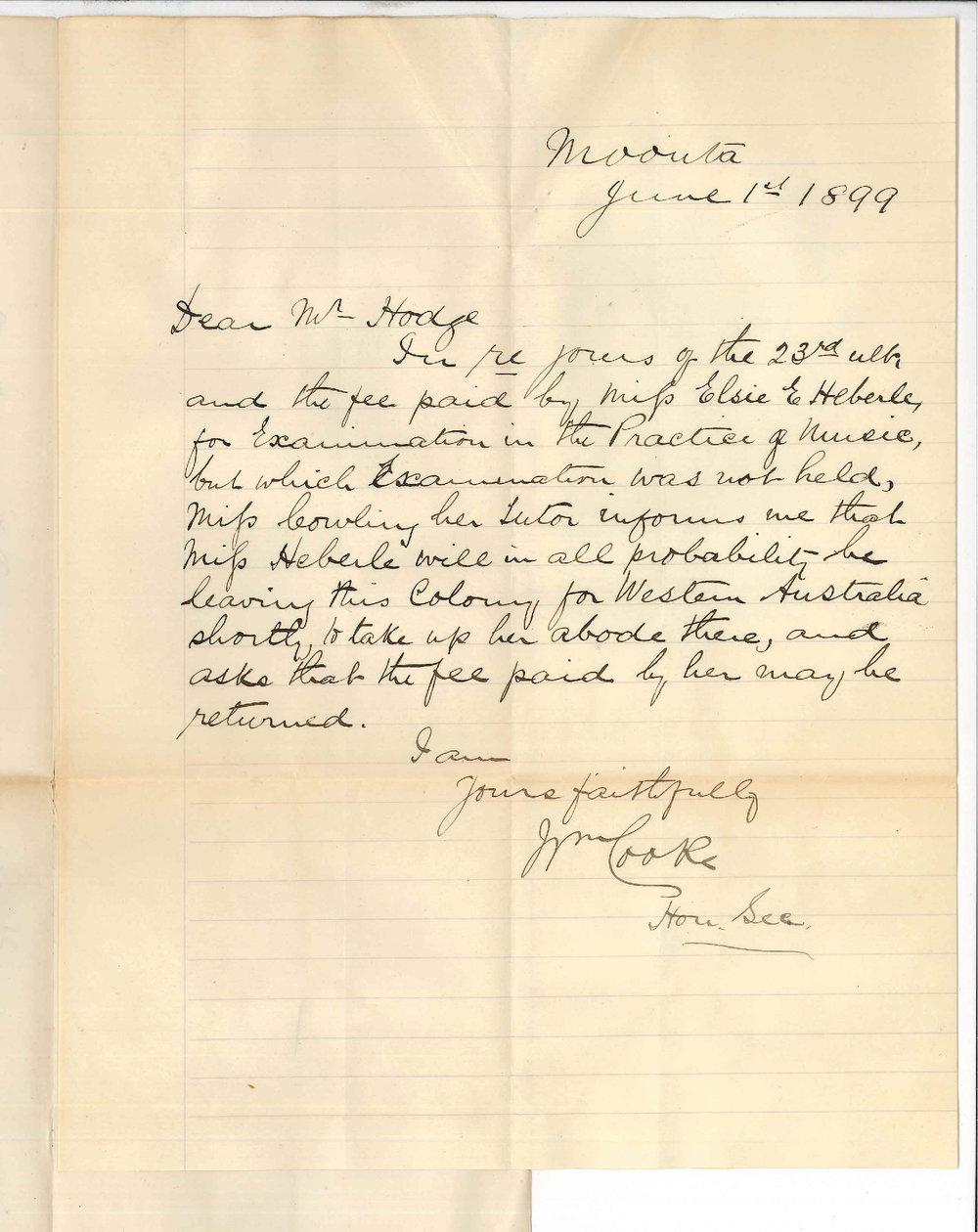 Reverend William Cooke - Moonta - Regarding refund of Miss Elsie Herberle's exam fee