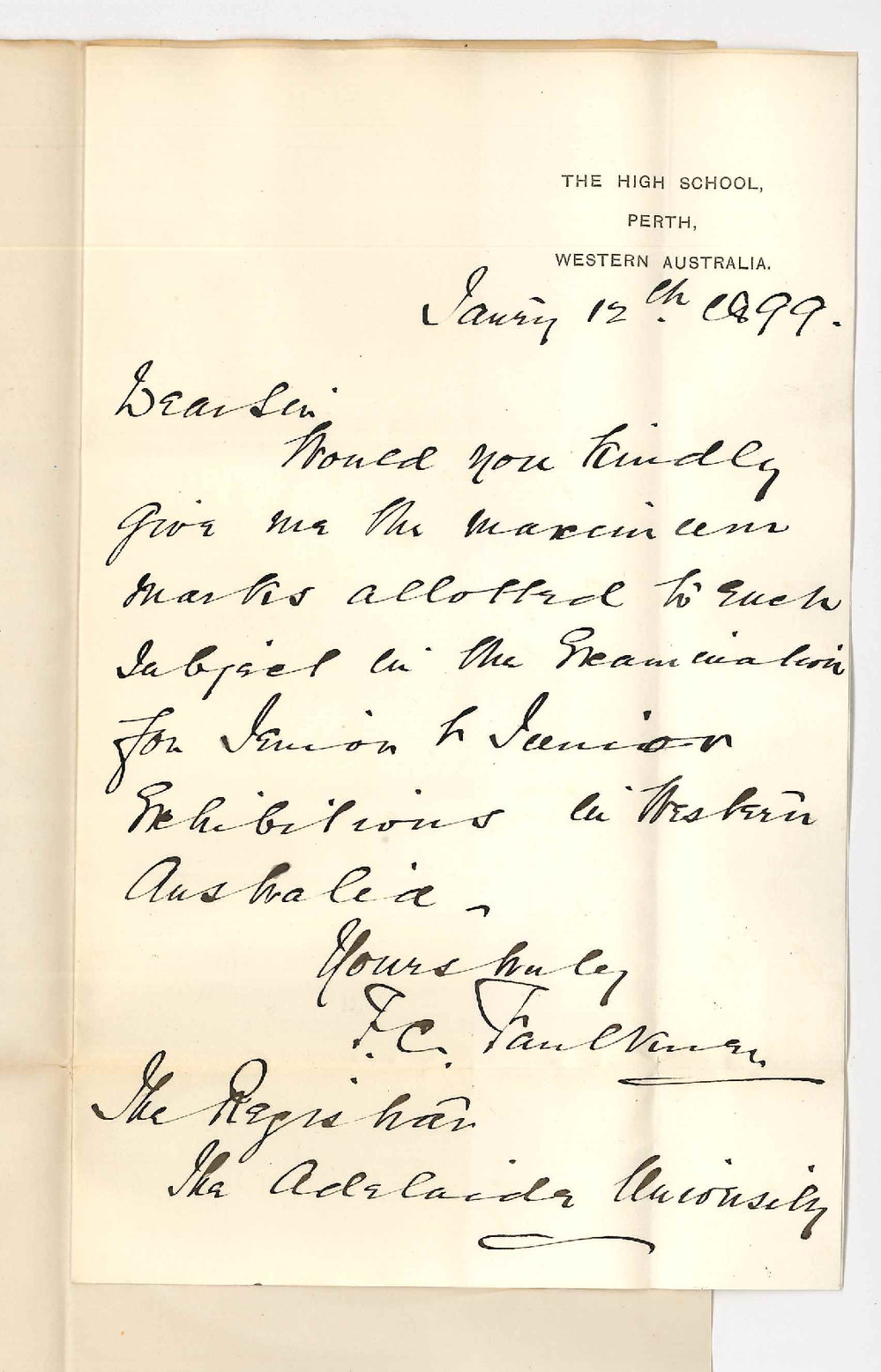 F C Faulkner - Perth - Marks in Junior and Senior Exhibitions in Western Australia