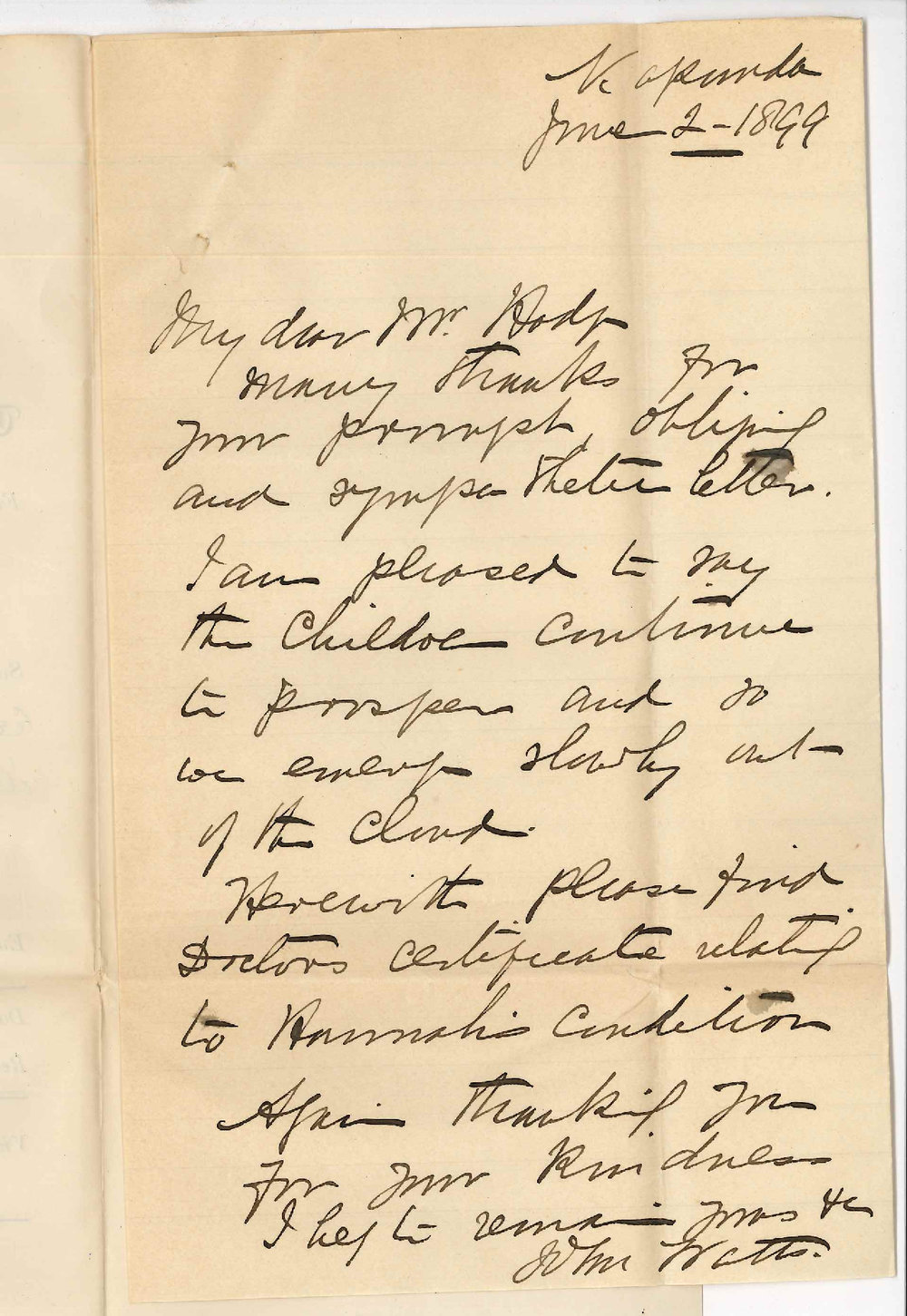 Reverend John Watts - Kapunda - Forwarding doctors certificate of Miss Hannah Walters illness