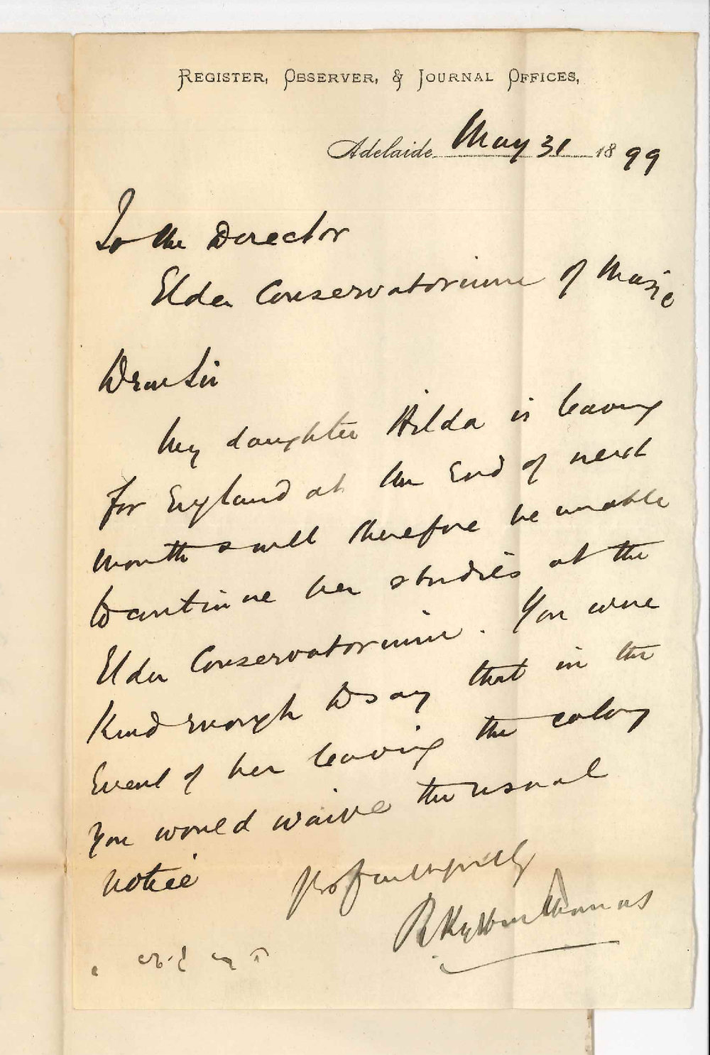 R K Thomas - Register Observer and Journal Offices - Adelaide - Notifying that Miss Hilda Thomas will discontinue lessons at the Conservatorium