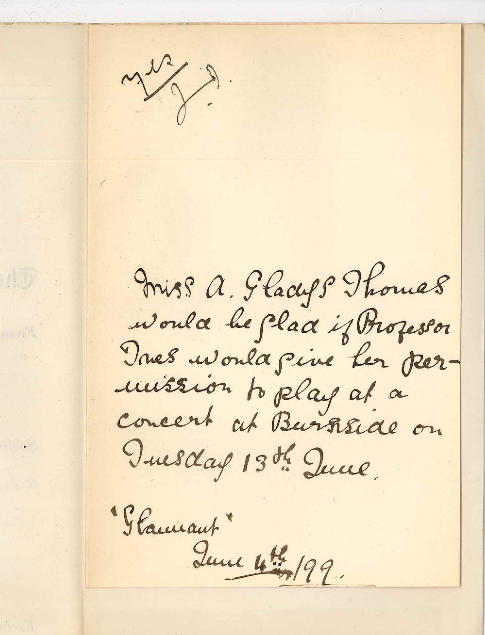 Miss A Gladys Thomas - Kent Town - Permission to play at concert at Burnside