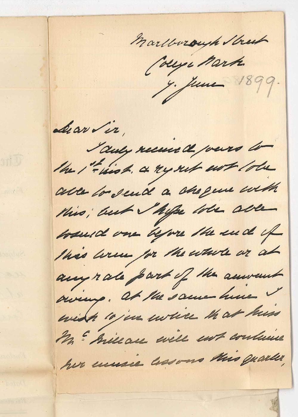 Mrs M McMillan - College Park - Notifying Miss McMillan will not continue lessons at the Conservatorium - Concerning fees