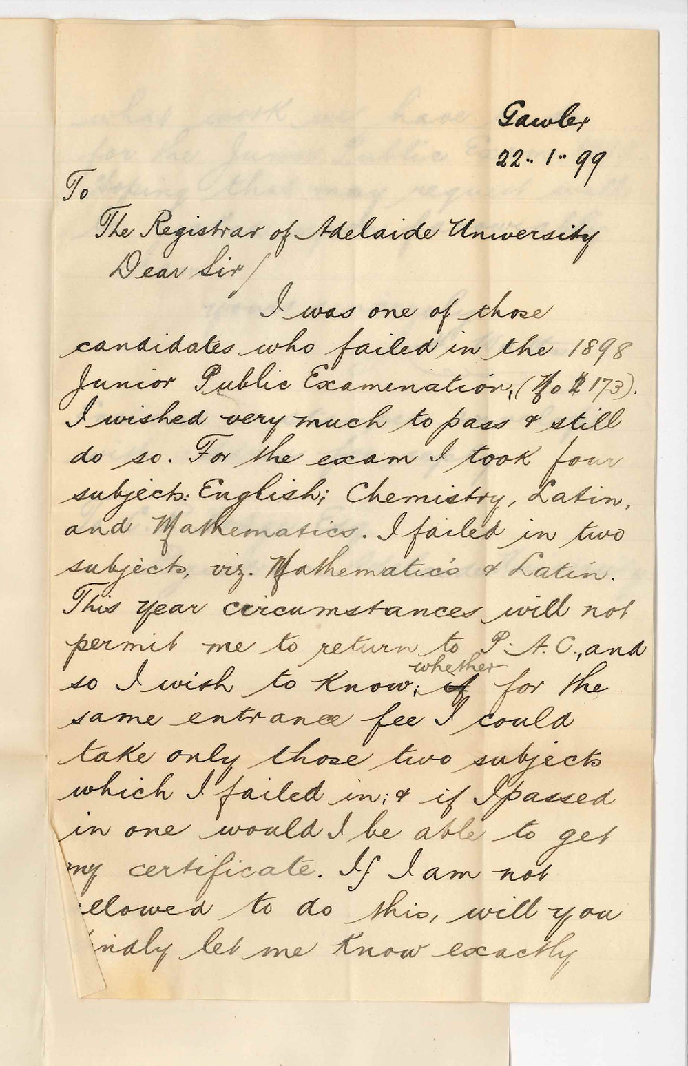 J H Watts - Gawler - Concerning failure in Junior Public Examination