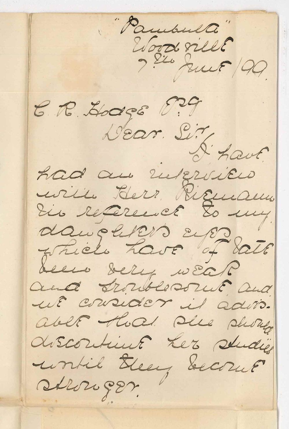 Mrs M A Brown - Woodville - Miss Maude Brown cannot attend the Conservatorium owing to illness