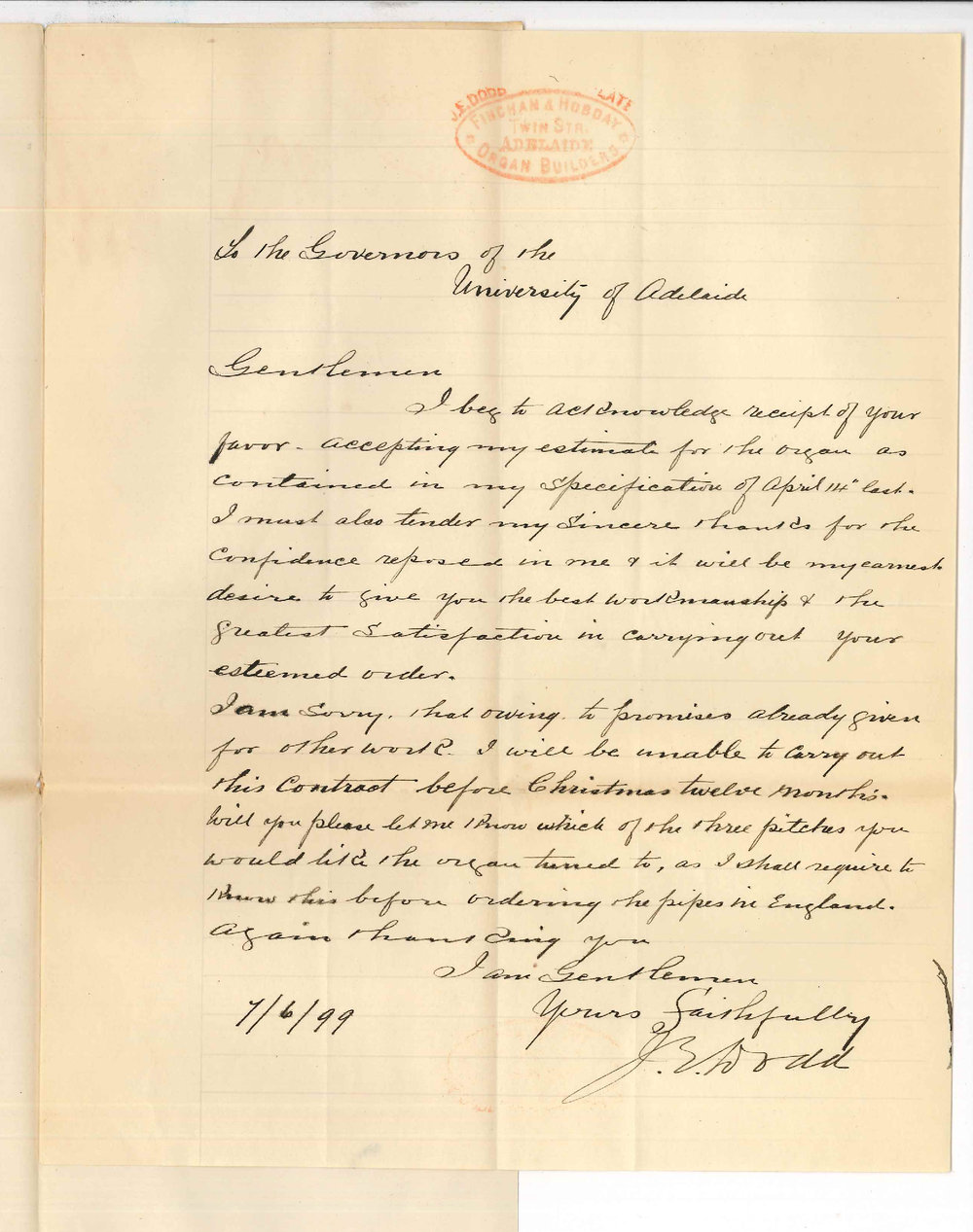 J E Dodd - Adelaide - Concerning Conservatorium organ