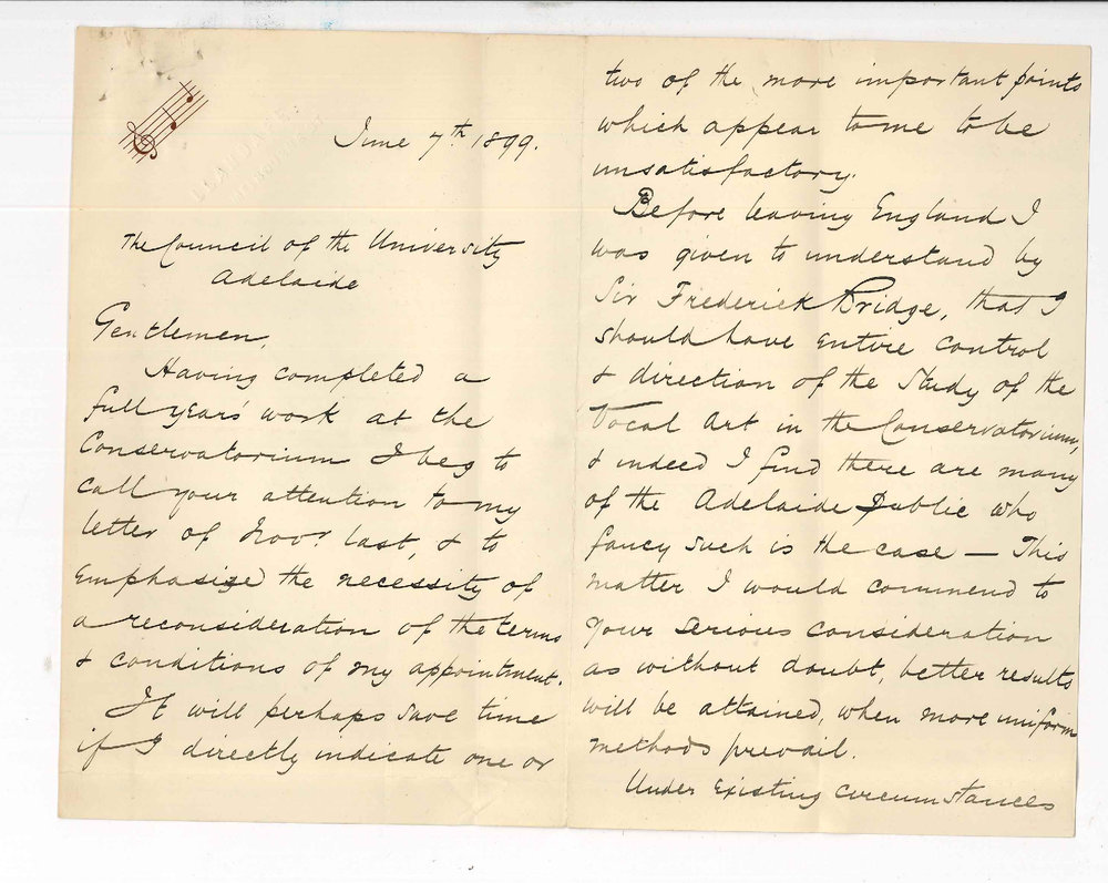 Frederick Bevan - North Adelaide - Position in the Conservatorium