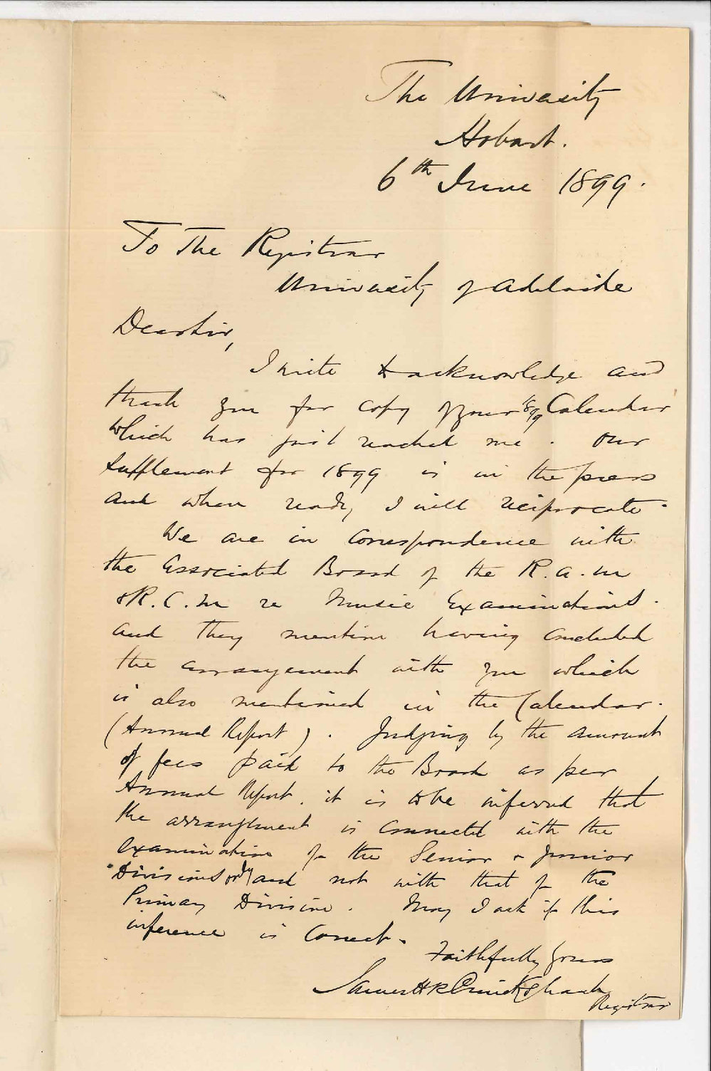 James Henry Robert Cruickshank - Registrar - The University of Tasmania - Concerning calendar