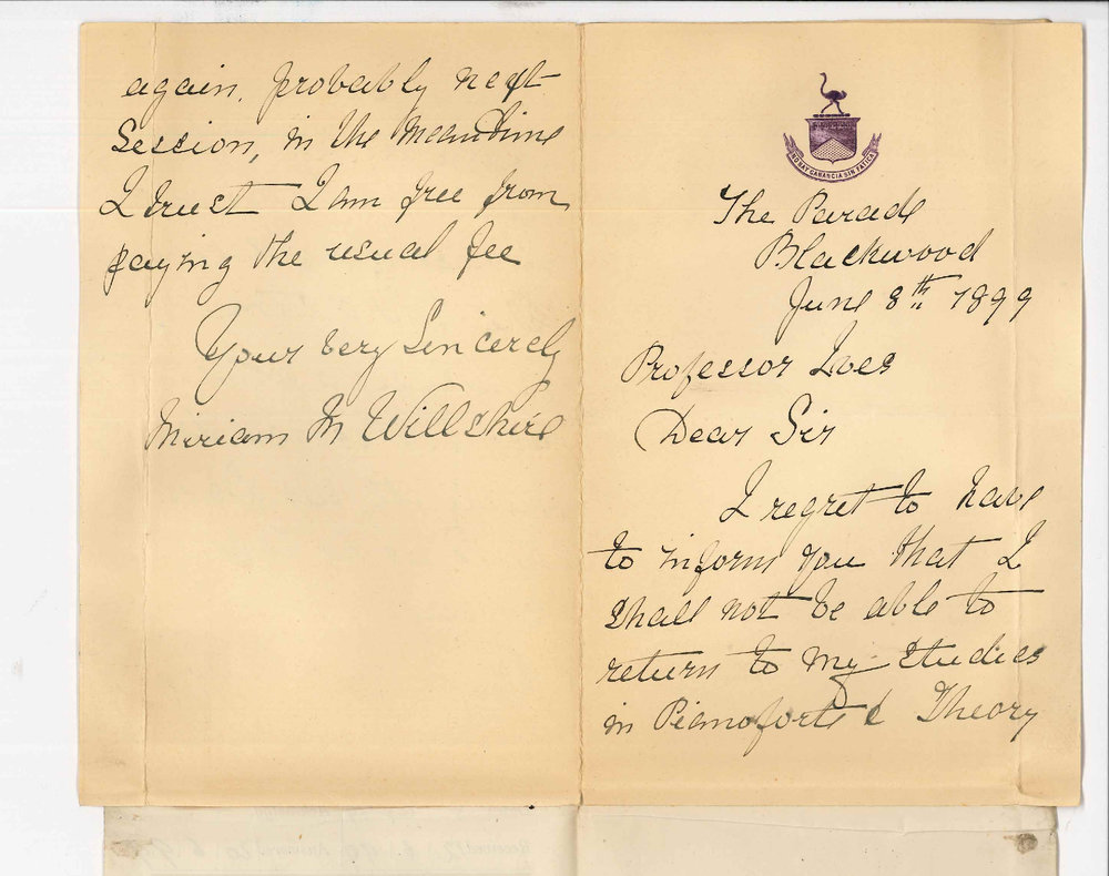 Miss Miriam M Willshire - Blackwood - Lessons at the Conservatorium