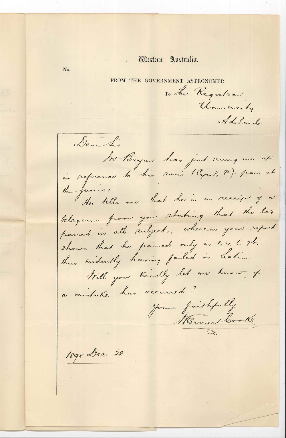 W Ernest Cooke - Perth - Cyril P Bryan in Junior Exams