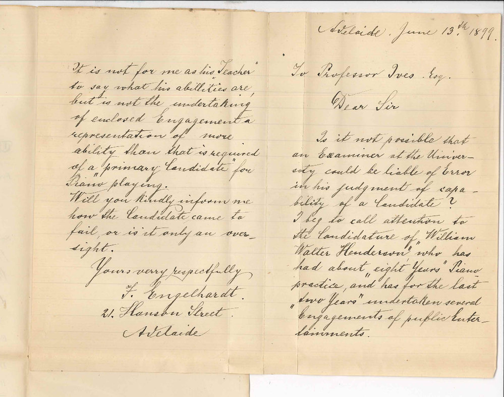 F Engelhardt - Adelaide - Concerning failure of William Walter Henderson in the Primary Practice of Music