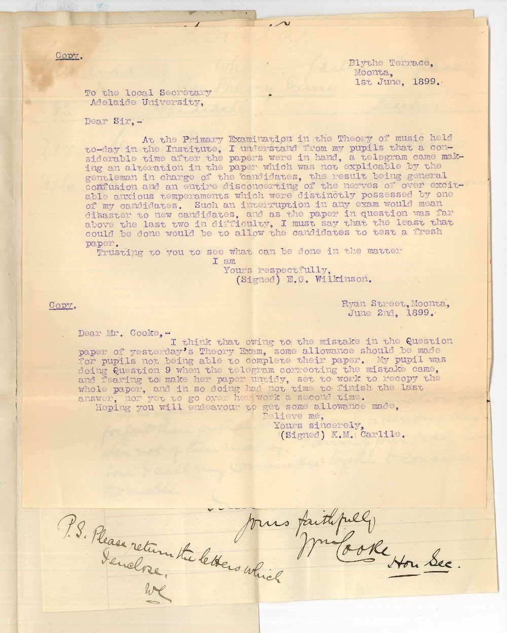 Reverend William Cooke - Moonta - Music examination at Moonta Centre