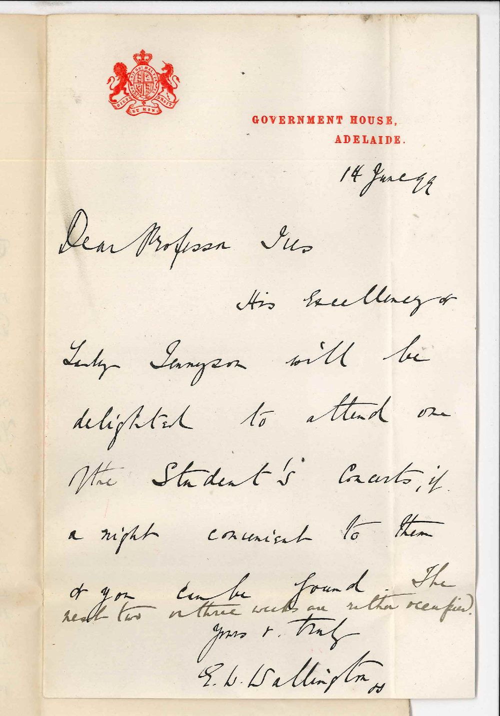 Edward William Wallington - Private Secretary - Government House - Her Excellency Lady Tennyson will attend students concert