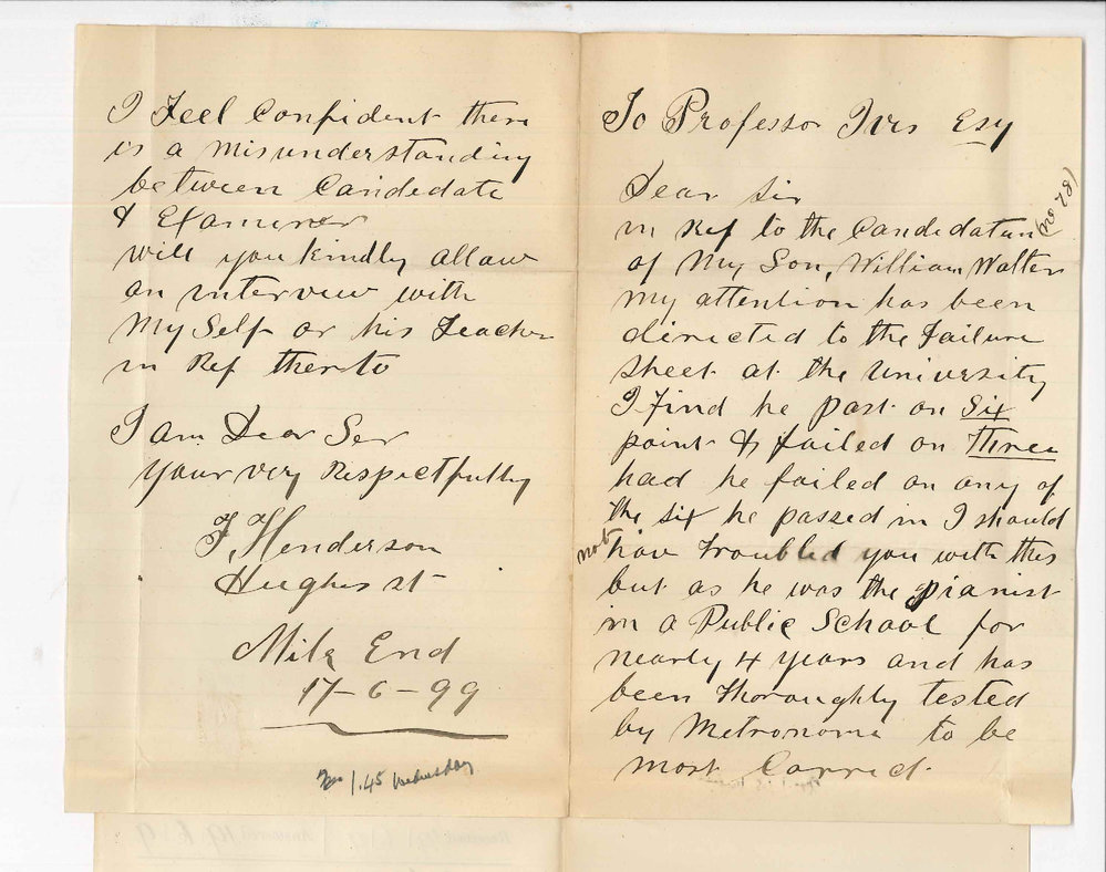 F Henderson - Mile End - Son William Walter Henderson failure in Primary Practice Examination