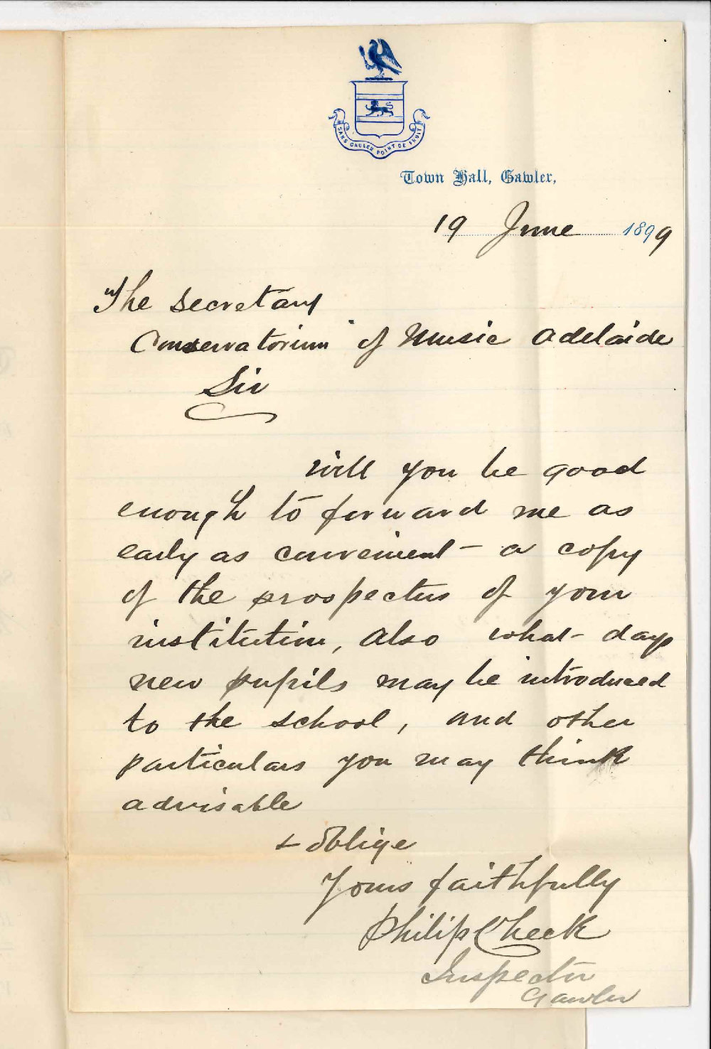 Philip Cheek - Gawler - Requesting Conservatorium regulations