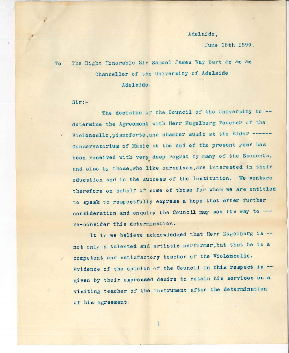 R K Thomas and Eustace B Kennedy - Adelaide - Termination of Herr Kugelberg agreement as teacher of violoncello