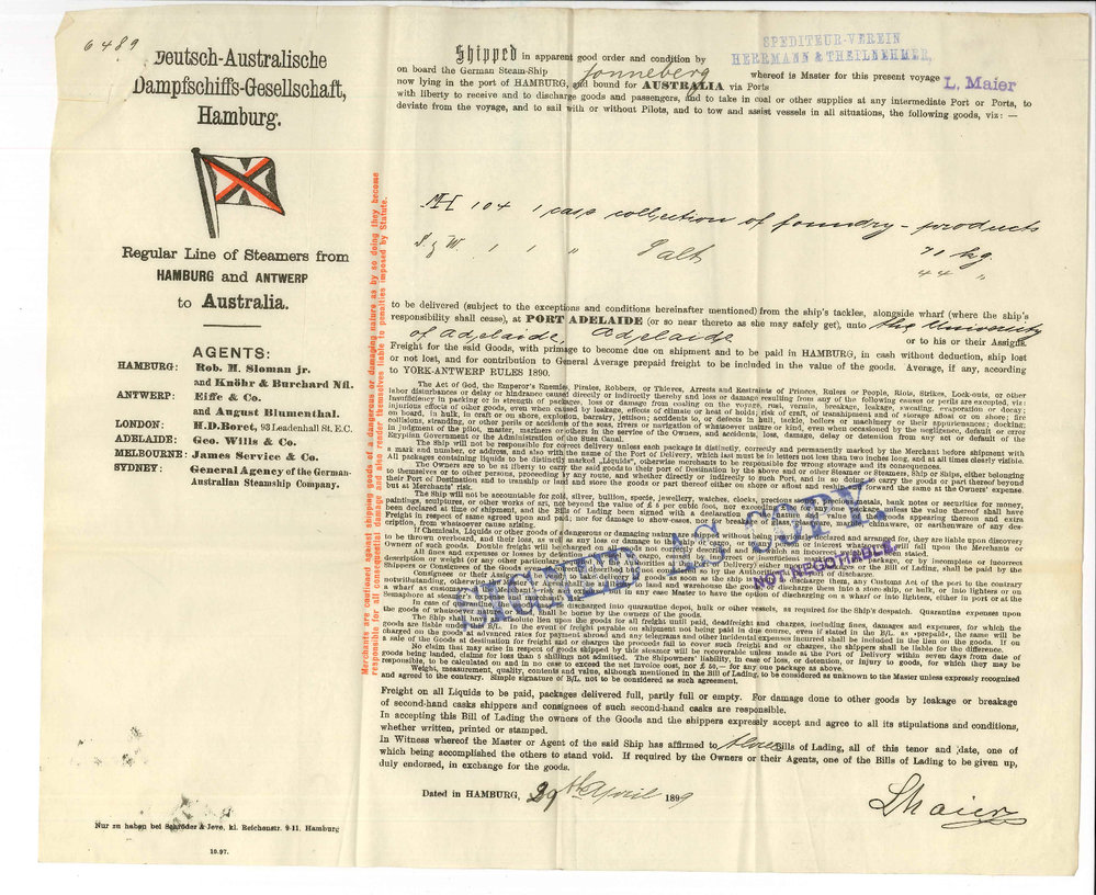 Aron Hirsch and Son - Halberstadt - Forwarding Bill of Lading