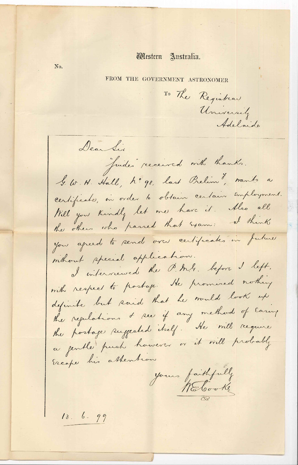 W Ernest Cooke - Honorary Secretary - Government Astronomer - Western Australia - Concerning Preliminary Examination and Postage to Western Australia