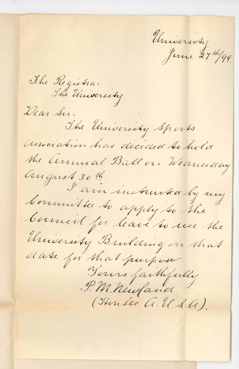 Honorary Secretary - Adelaide University Sports Association - Permission to use University building for Annual Ball on 30 August