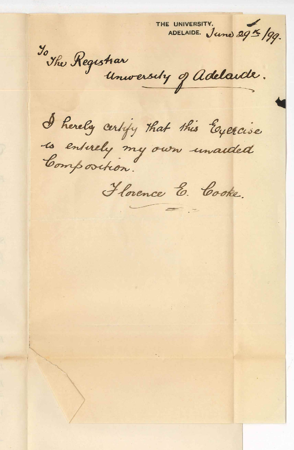 Miss Florence E Cooke - University - Certifying that Music Bachelor exercise is her own unaided composition