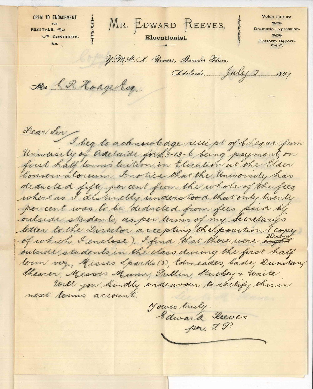 Edward Reeves - Gawler Place - Fees Elocution Class