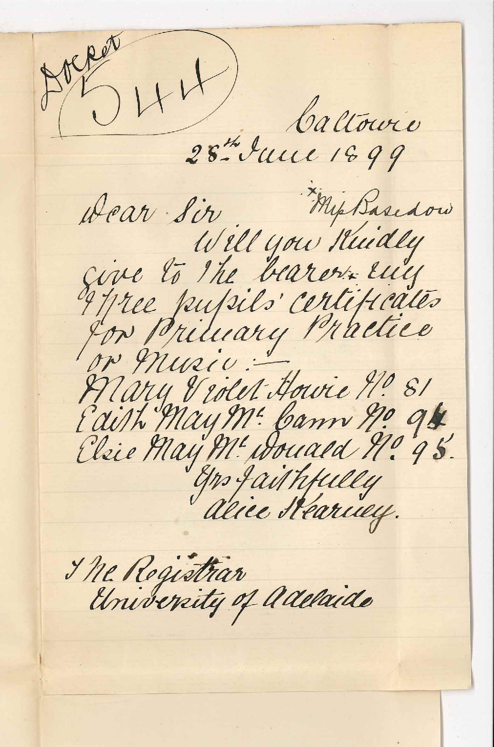 Miss Alice Kearney - Caltowie - Requesting Music Certificates