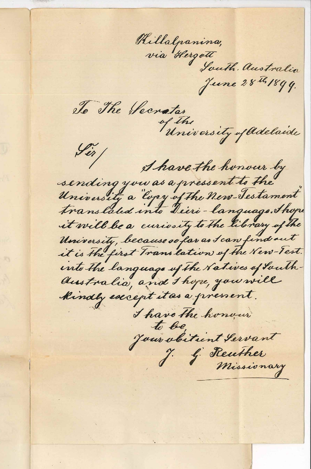 Reverend J G Reuther - Killalpanina - Forwarding copy of the New Testament translated into Deiri Language