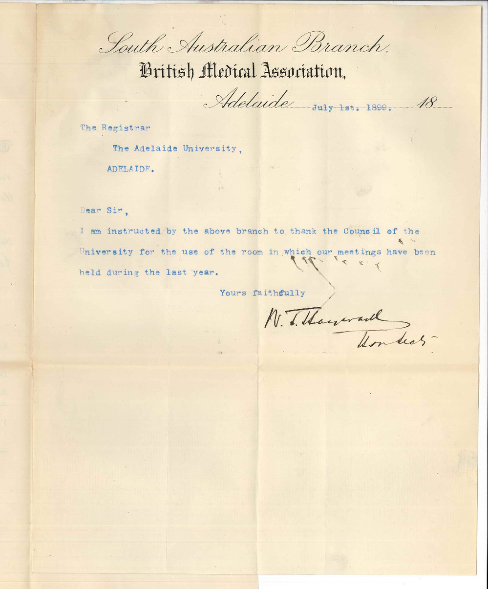 W T Hayward - Honorary Secretary British Medical Association Adelaide - Thanking Council for use of room
