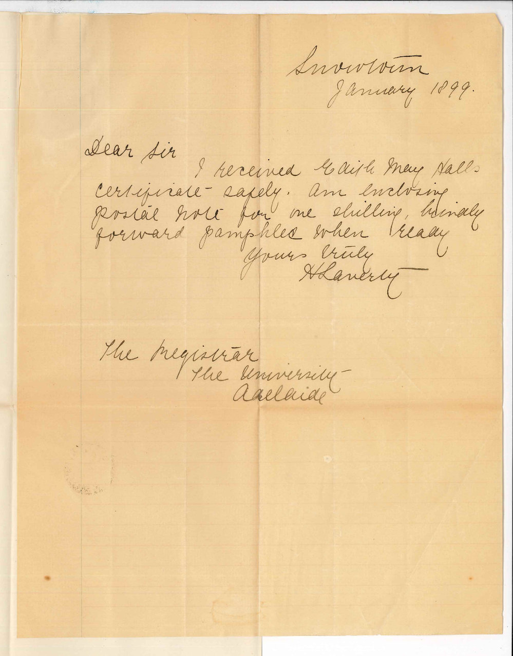 Miss H Laverty - Snowtown - Acknowledging receipt of Miss E M Halls Certificate and Requesting Music Pamphlet