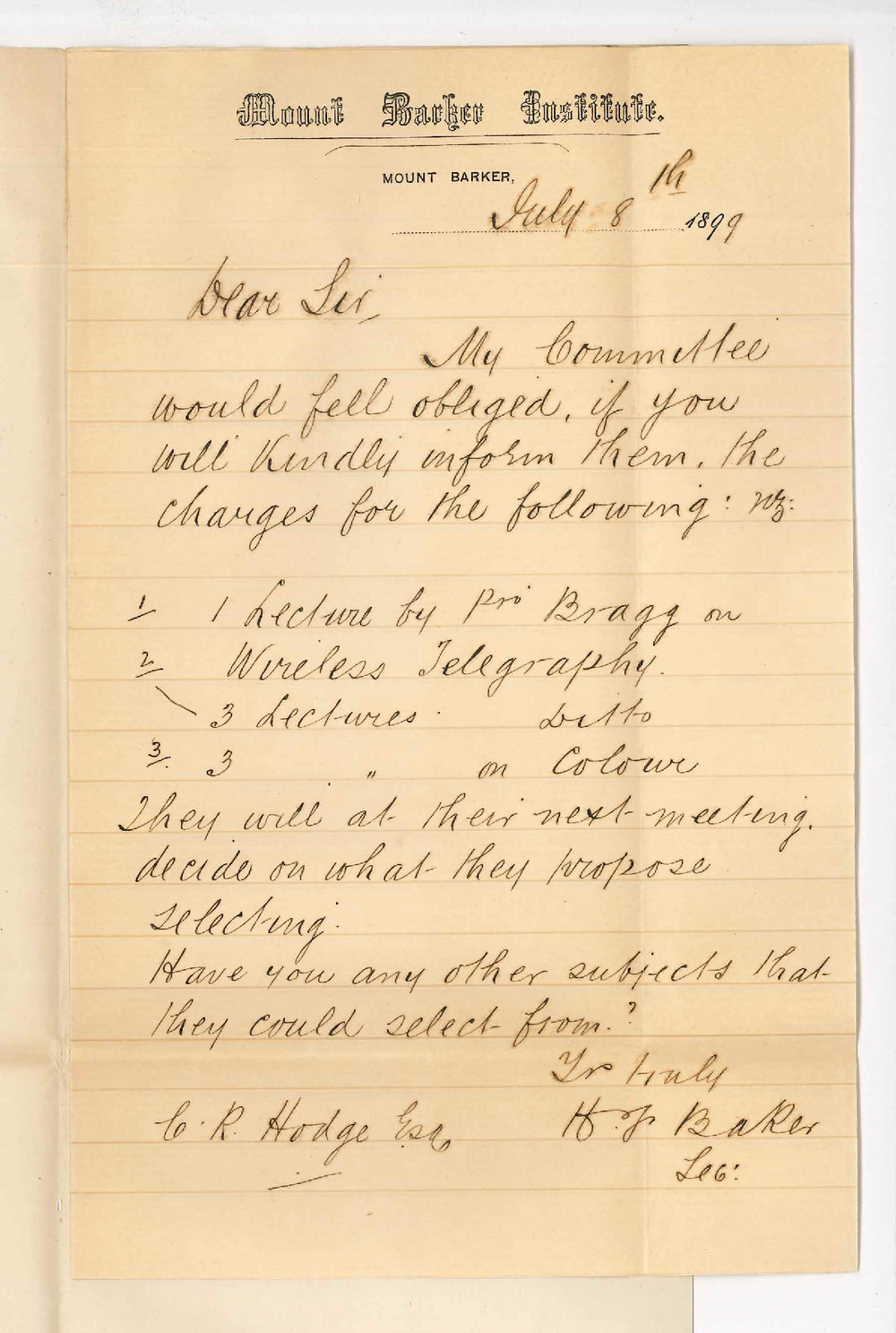 H F Baker - Secretary Mount Barker Institute - Extension Lectures