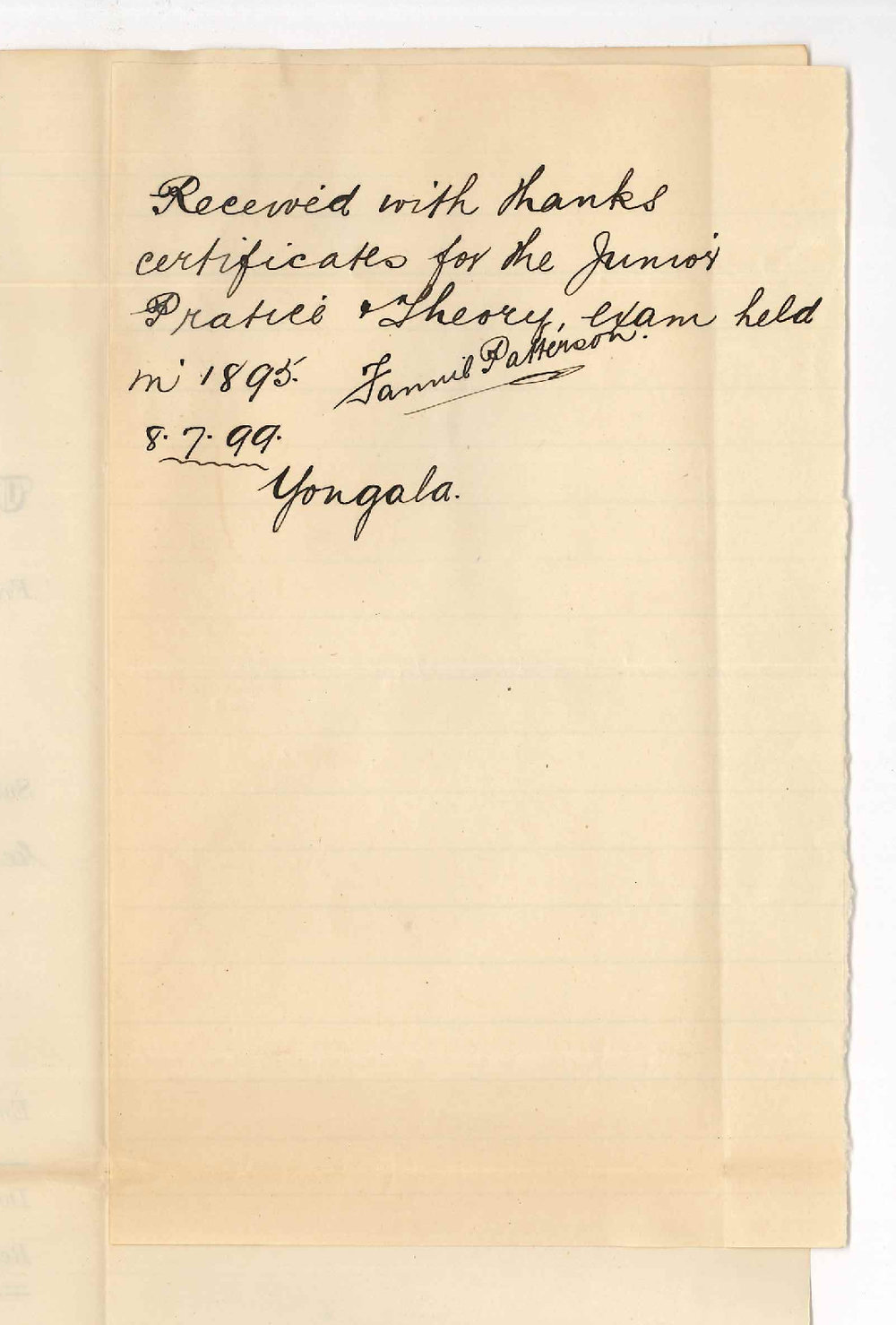 Miss Fannie Patterson - Yongala - Acknowledging receipt of Certificates