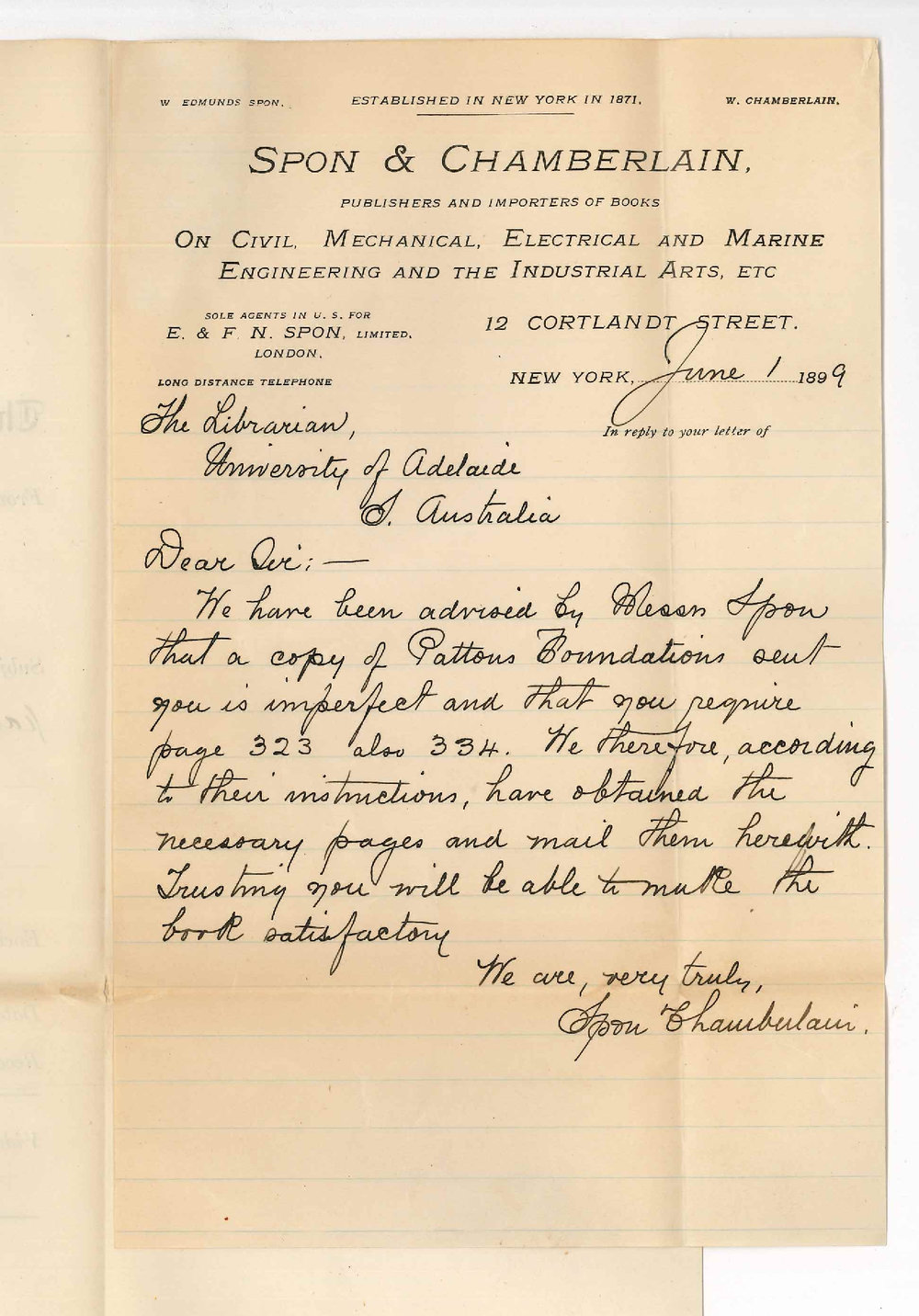 W Edmonds Spon and W Chamberlain - New York - Forwarding missing pages of Pattons Foundations