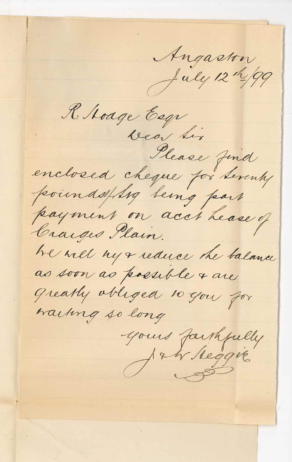 James and M Heggie - Angaston - Forwarding cheque on Account of Rent