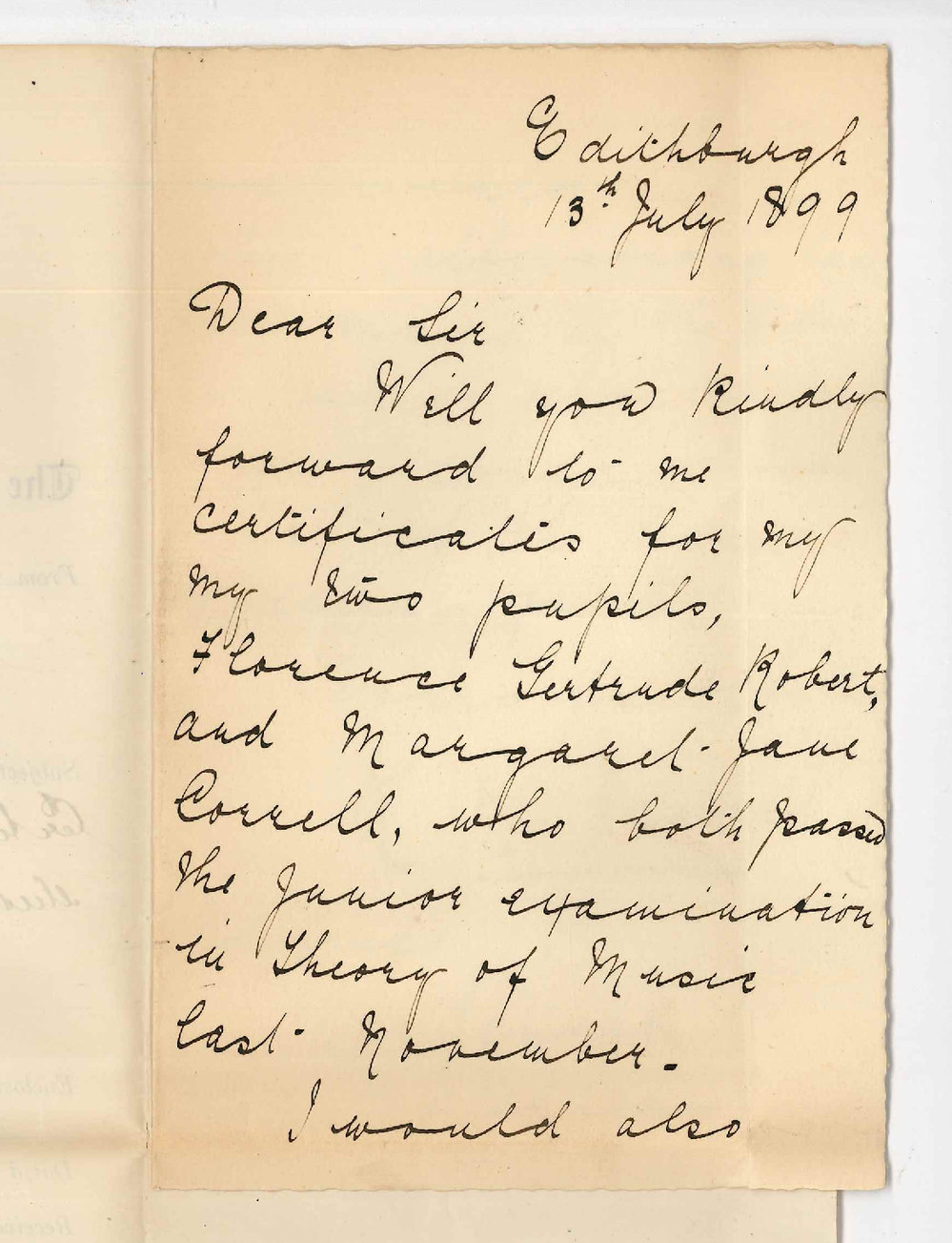 Miss L M Jenner - Edithburgh - Requesting Music Certificates and information Music Examinations