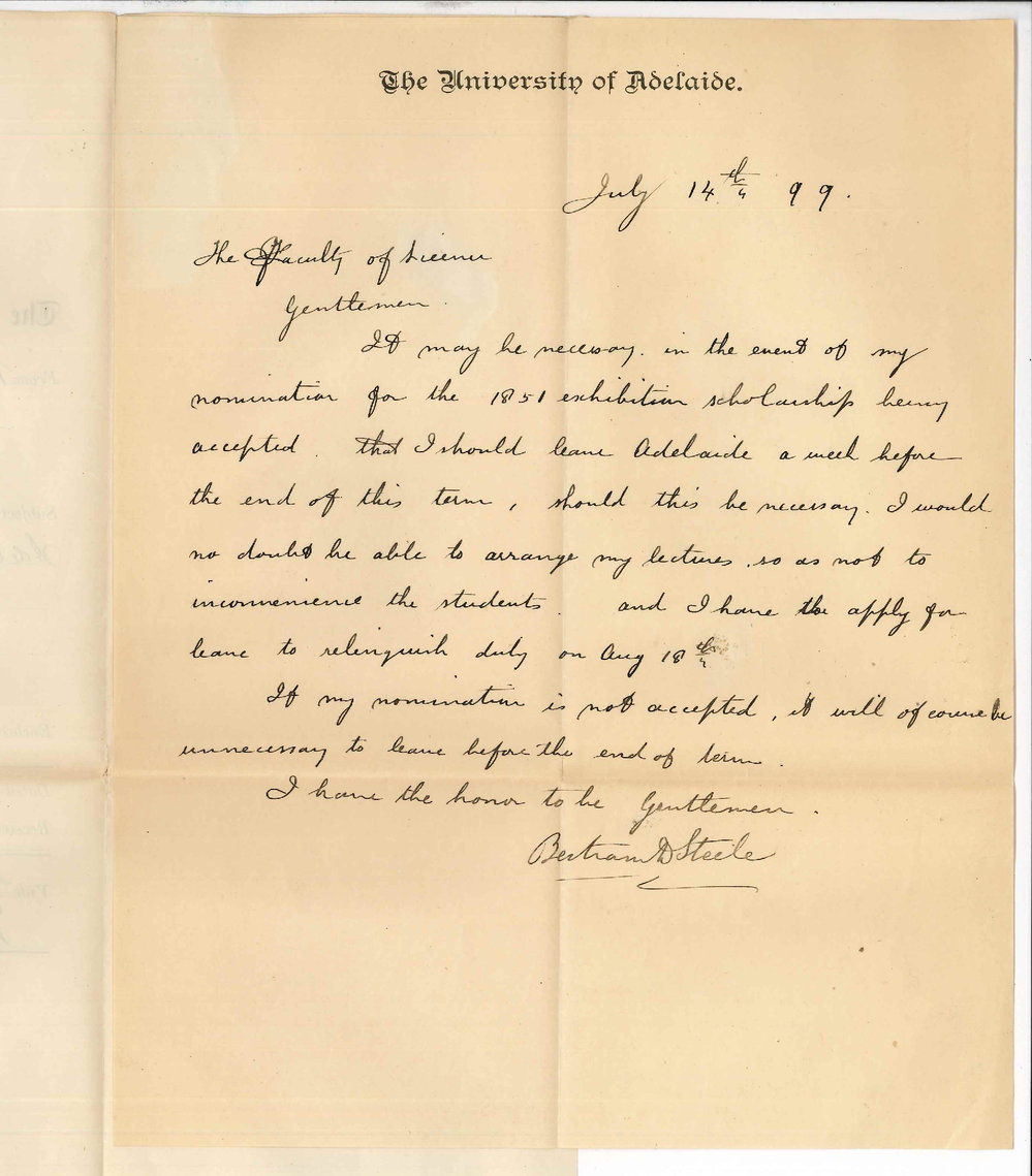 Bertram D Steele - University - Application to leave Adelaide on 18 August