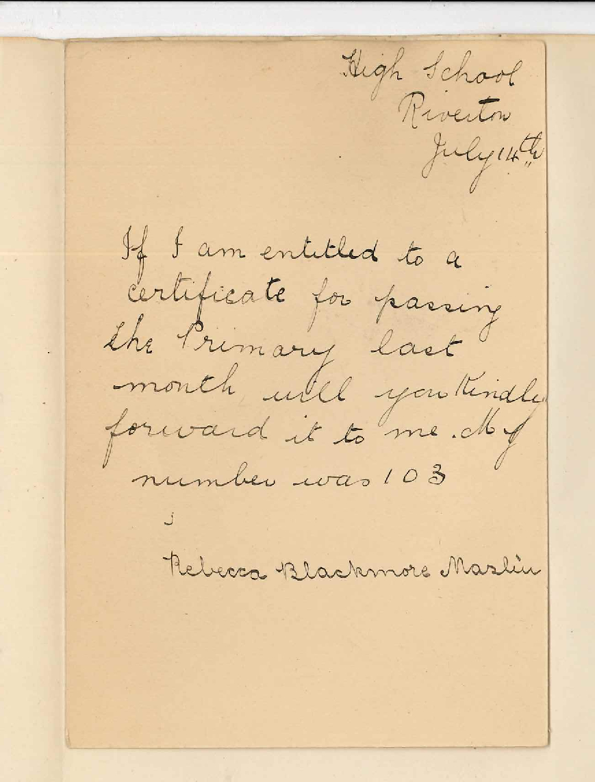 Miss Rebecca Blackmore Maslin - Riverton - Requesting Certificate
