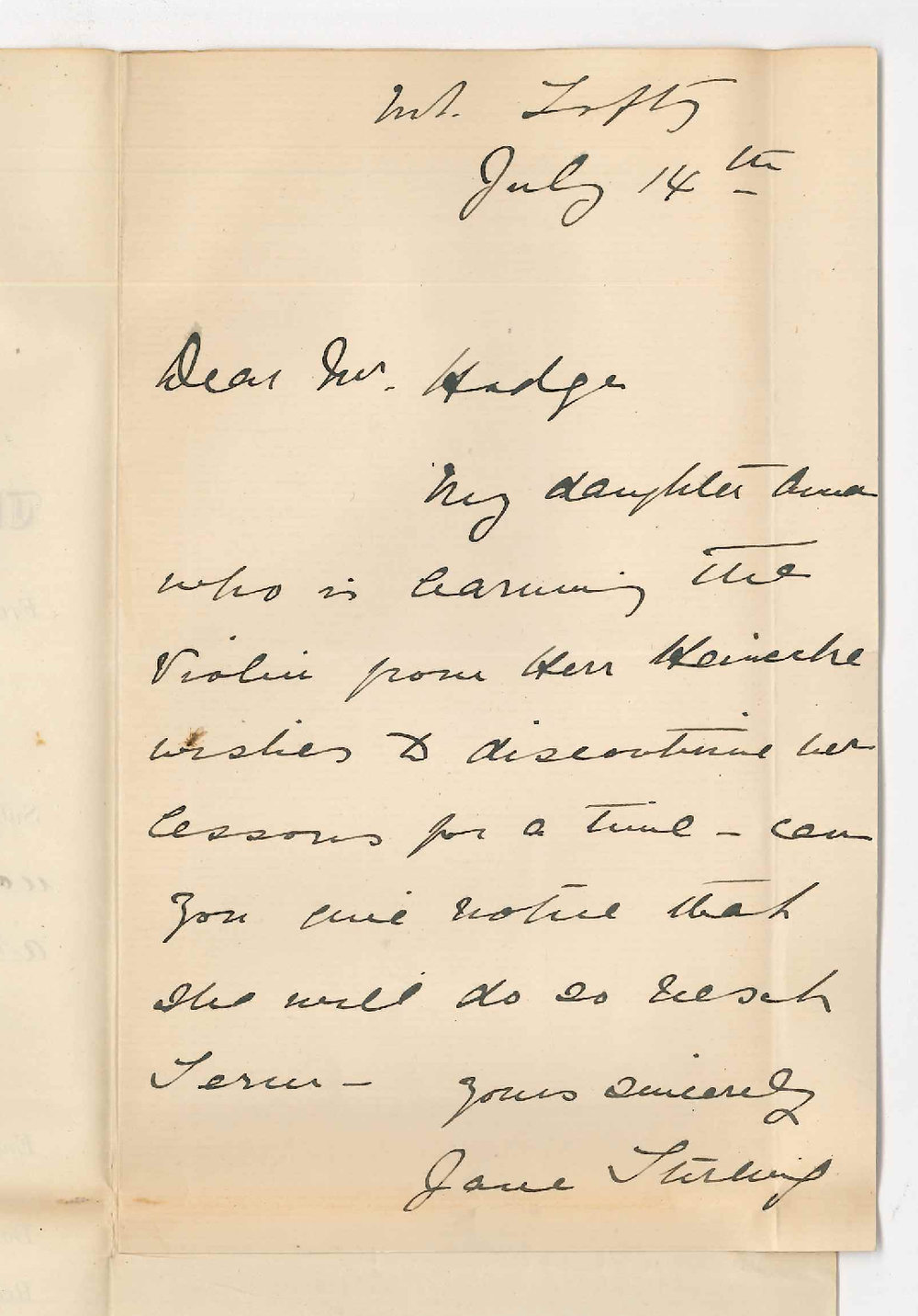 Jane Stirling - Mount Lofty - Miss A Stirling will not continue lessons at the Conservatorium