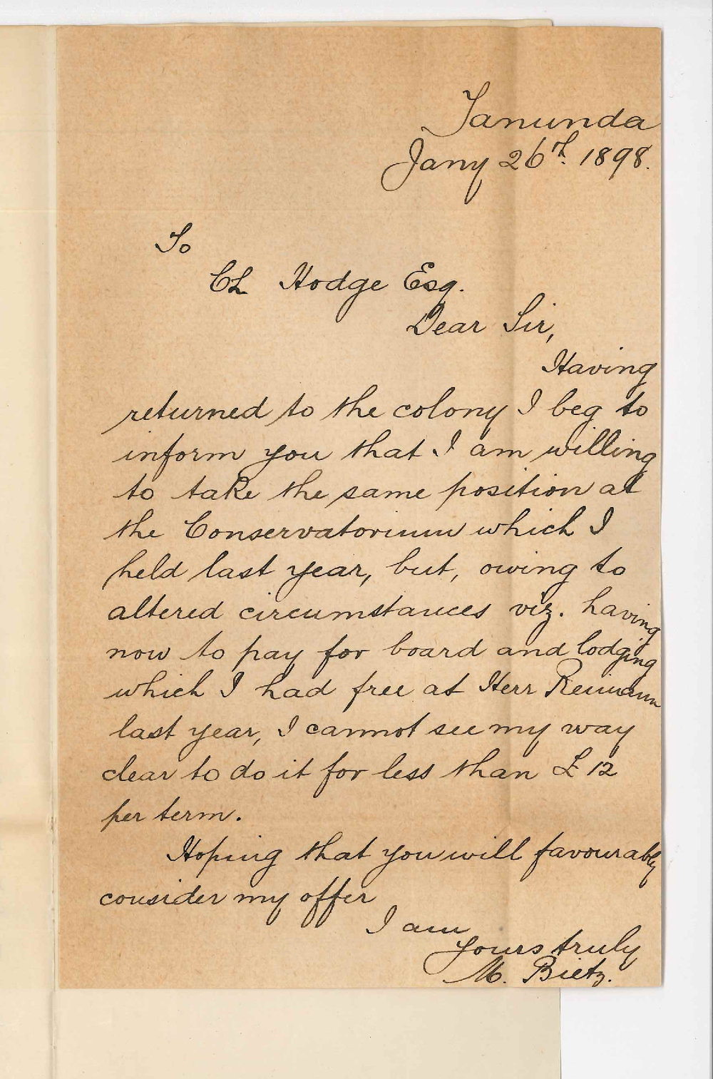 Miss M Beitz - Tanunda - Position at Conservatorium