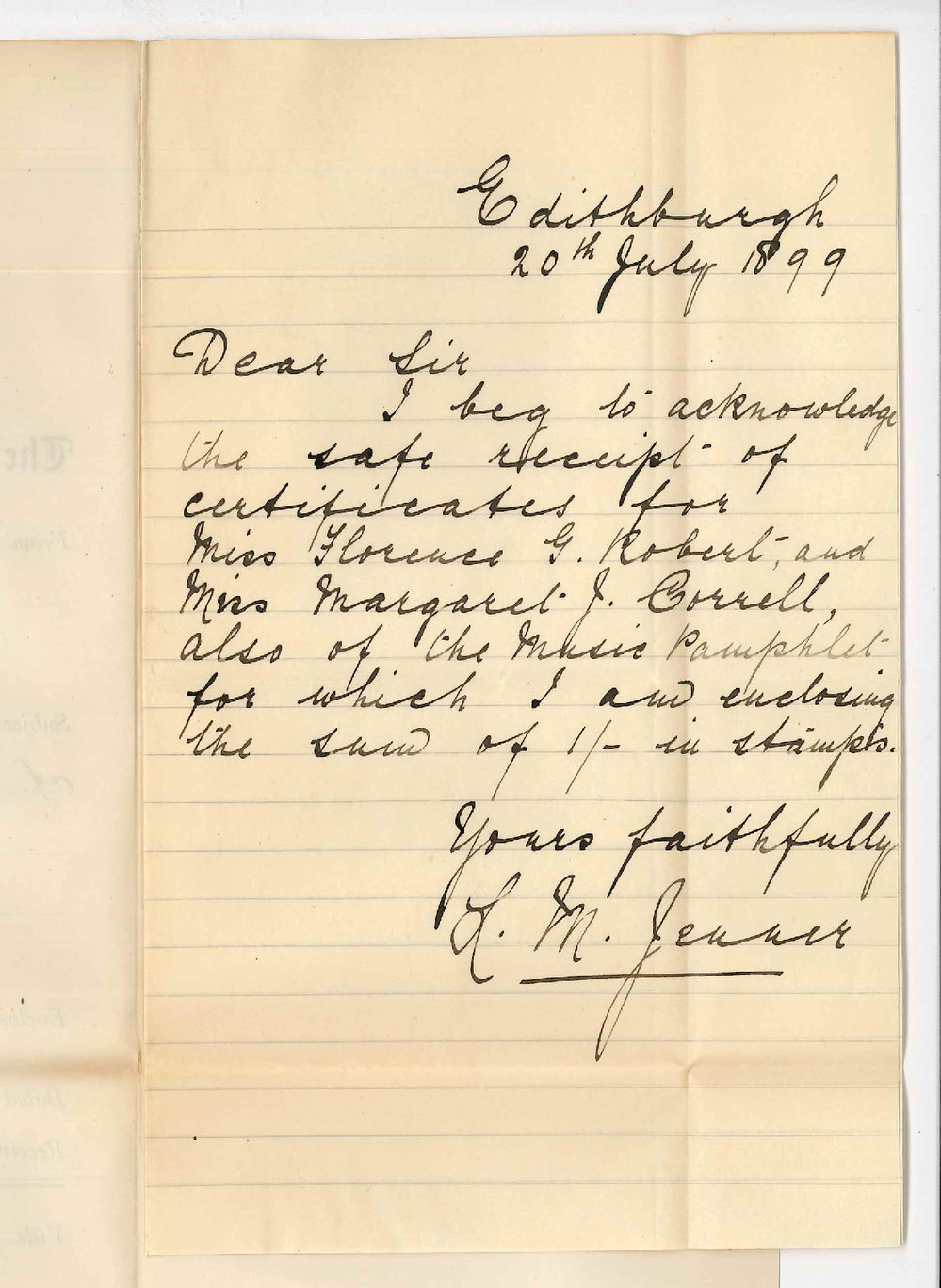 Miss L M Jenner - Edithburgh - Acknowledging receipt of certificates