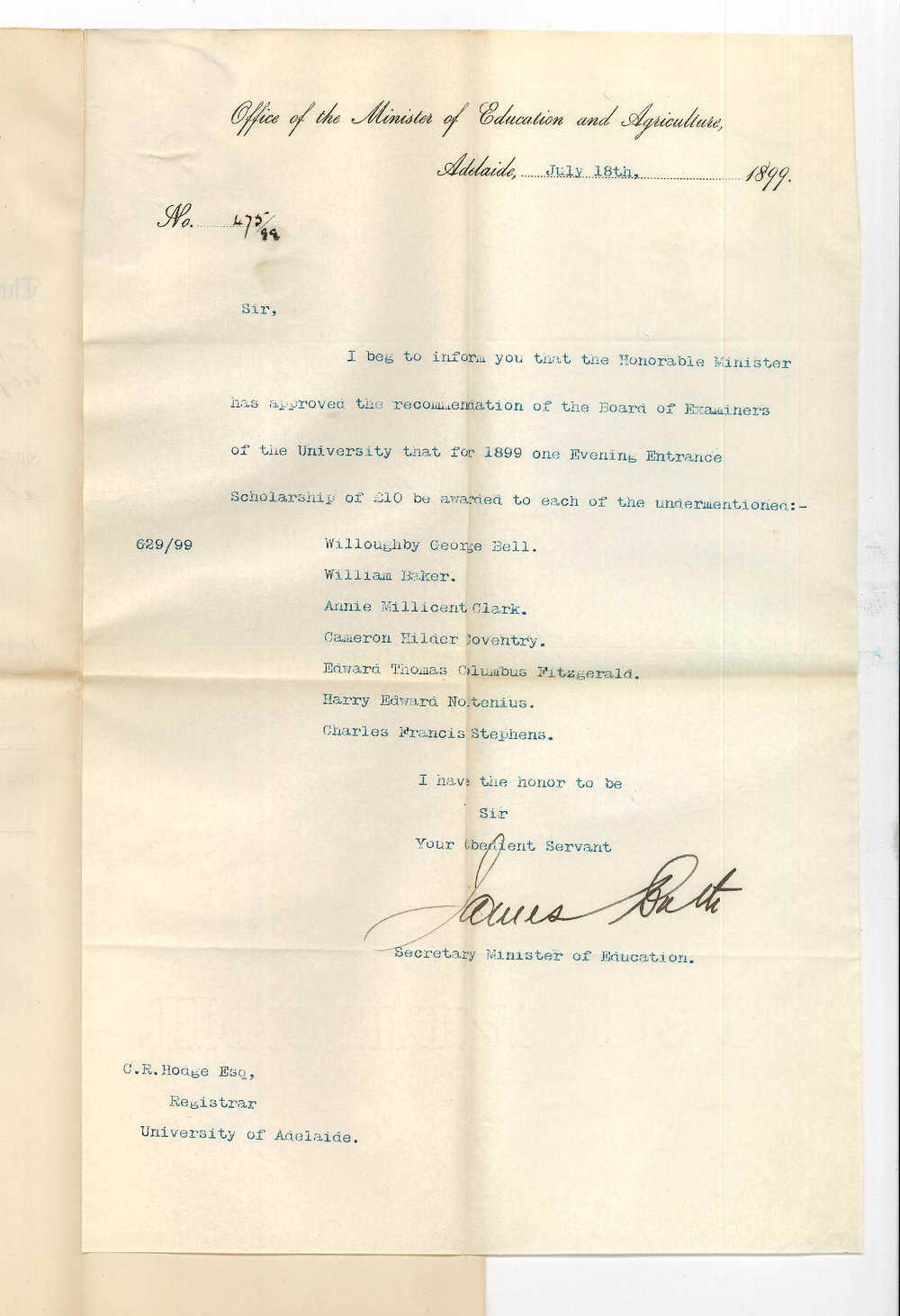 James Bath - Secretary - Office of the Minister of Education and Agriculture - Adelaide - Approves award of Evening Scholarships