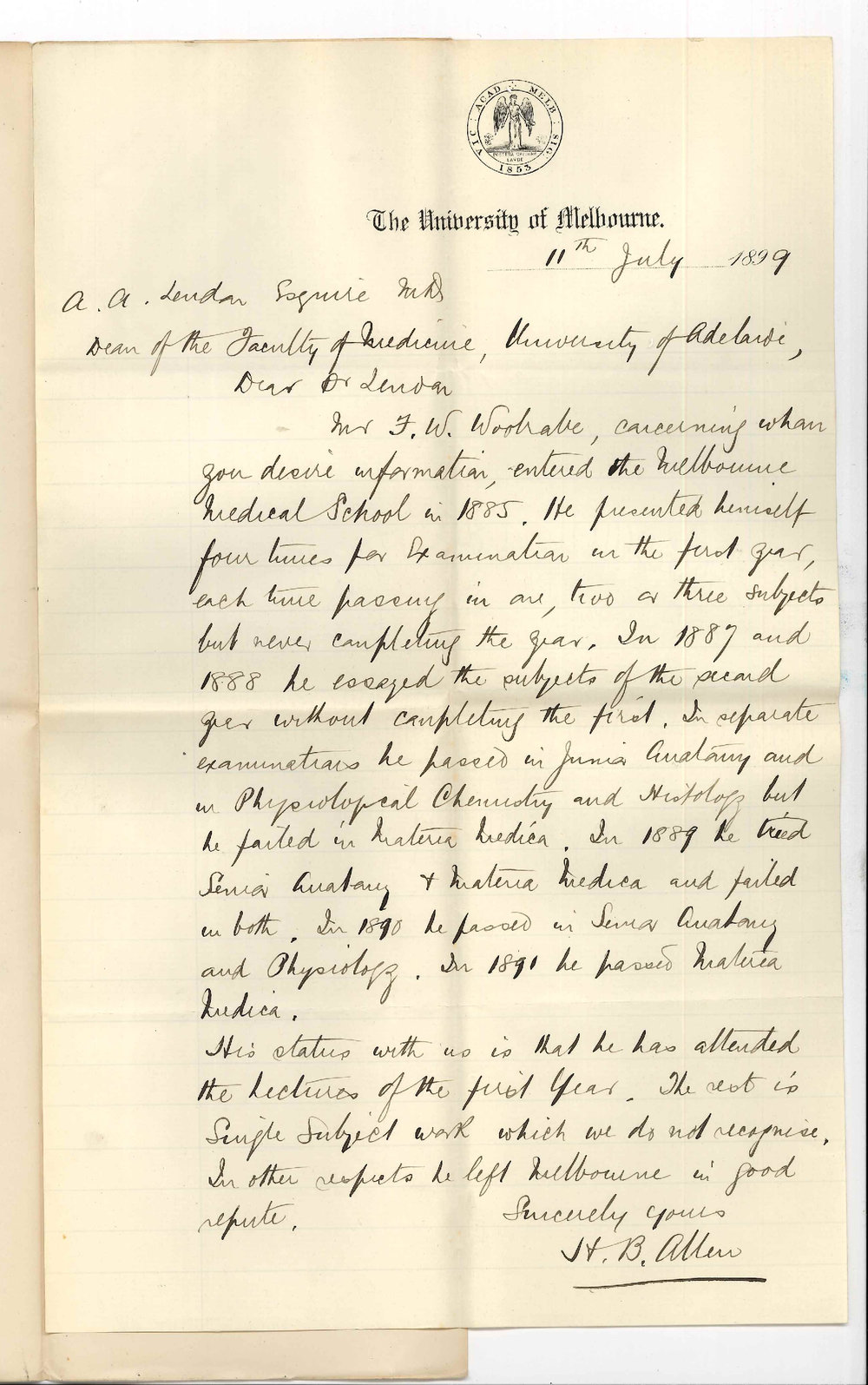 Professor H B Allen - University of Melbourne - Concerning Mr F W Woolrabe