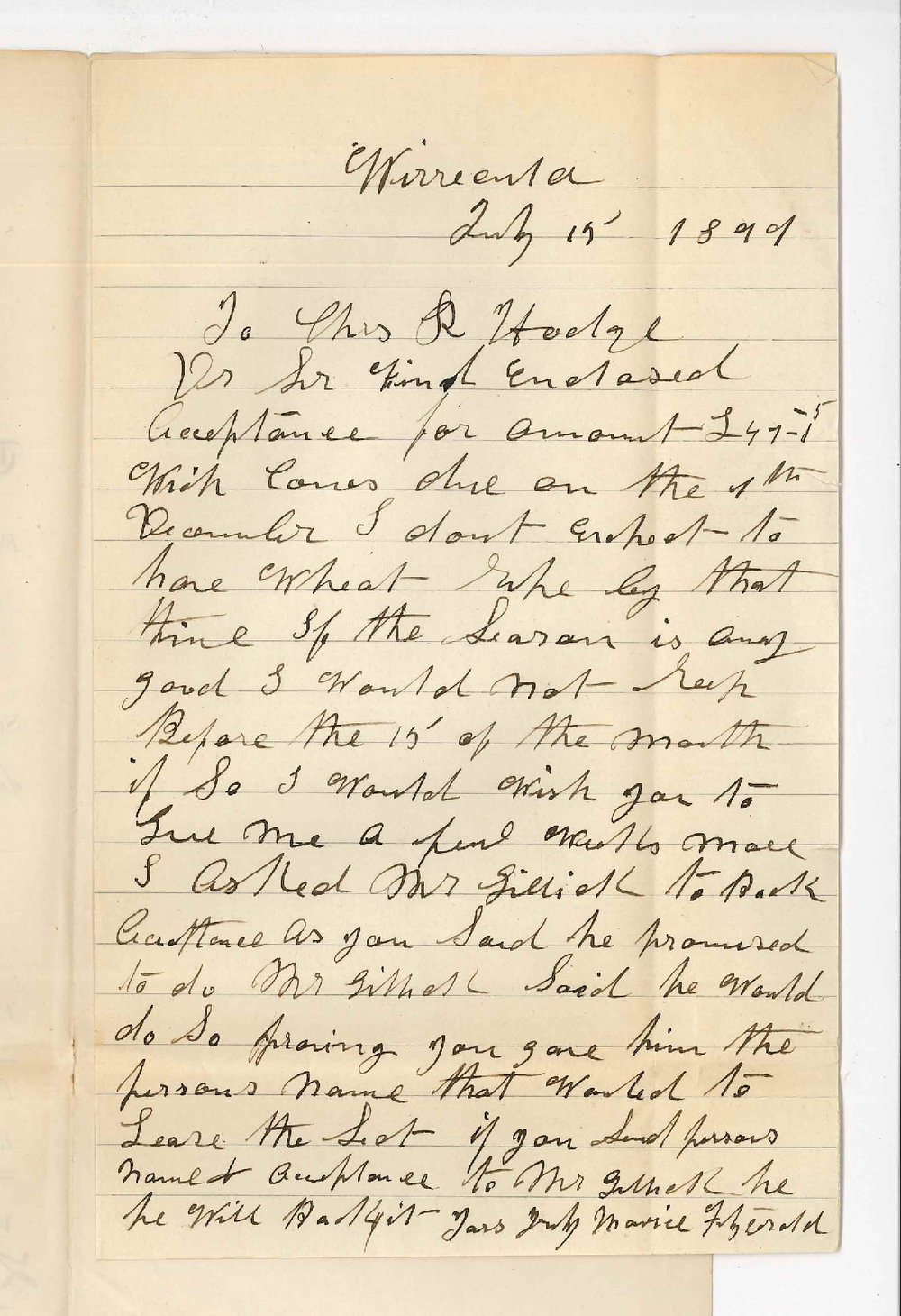 Maurice Fitzgerald - Wirreanda - Forwarding acceptance for Arrears of Rent